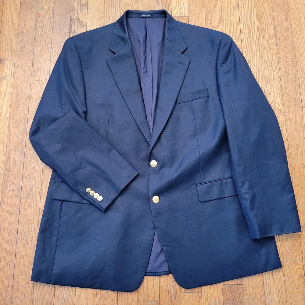 Ralph Lauren 46R Blazer Navy Blue Wool Gold Crest Button Classic Preppy Academia